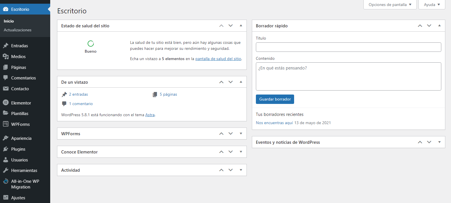 Panel de control de WordPress