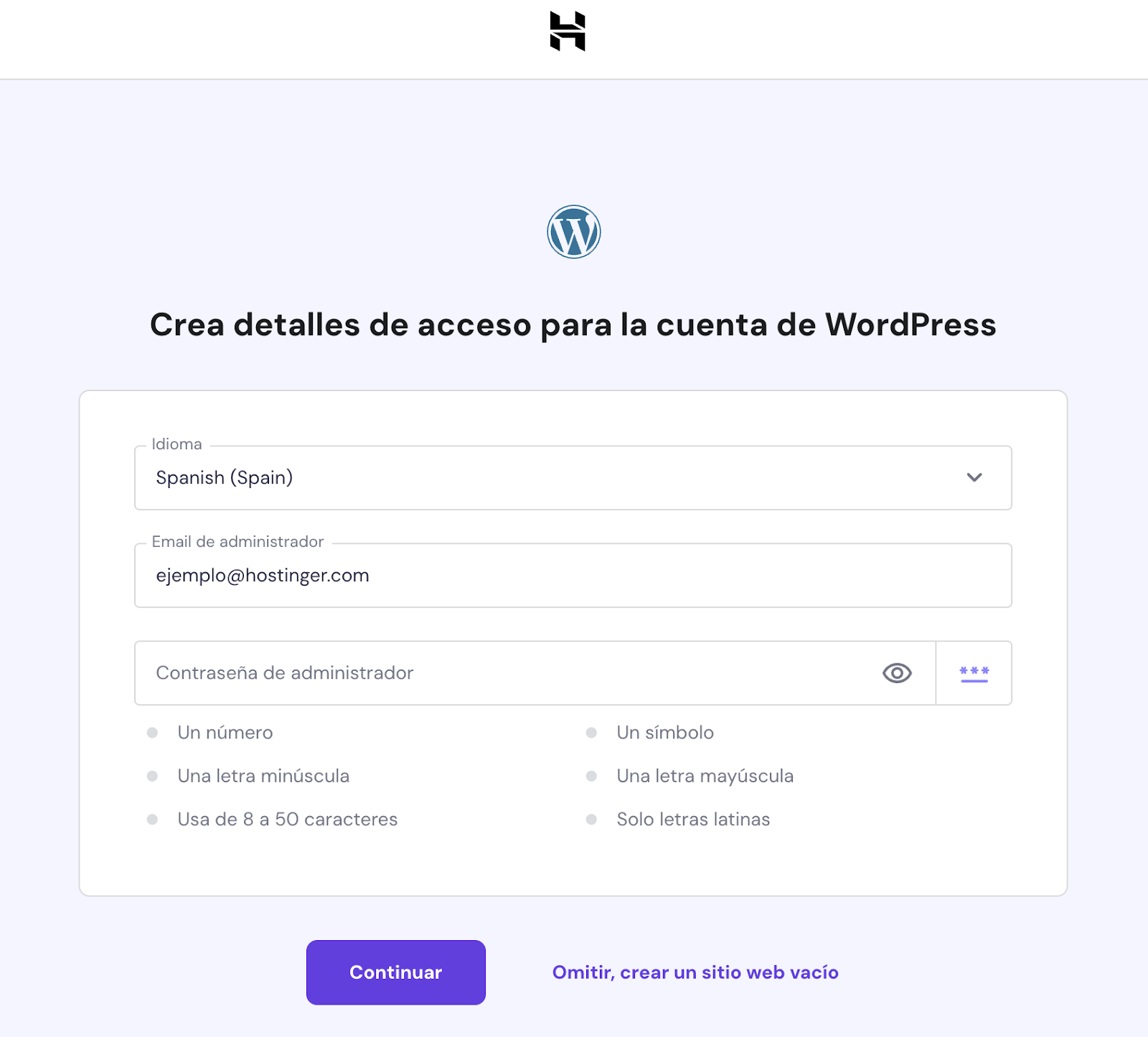 La página de configuración de la cuenta de WordPress en hPanel