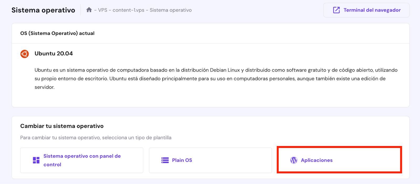 Sección Sistema operativo de hPanel 