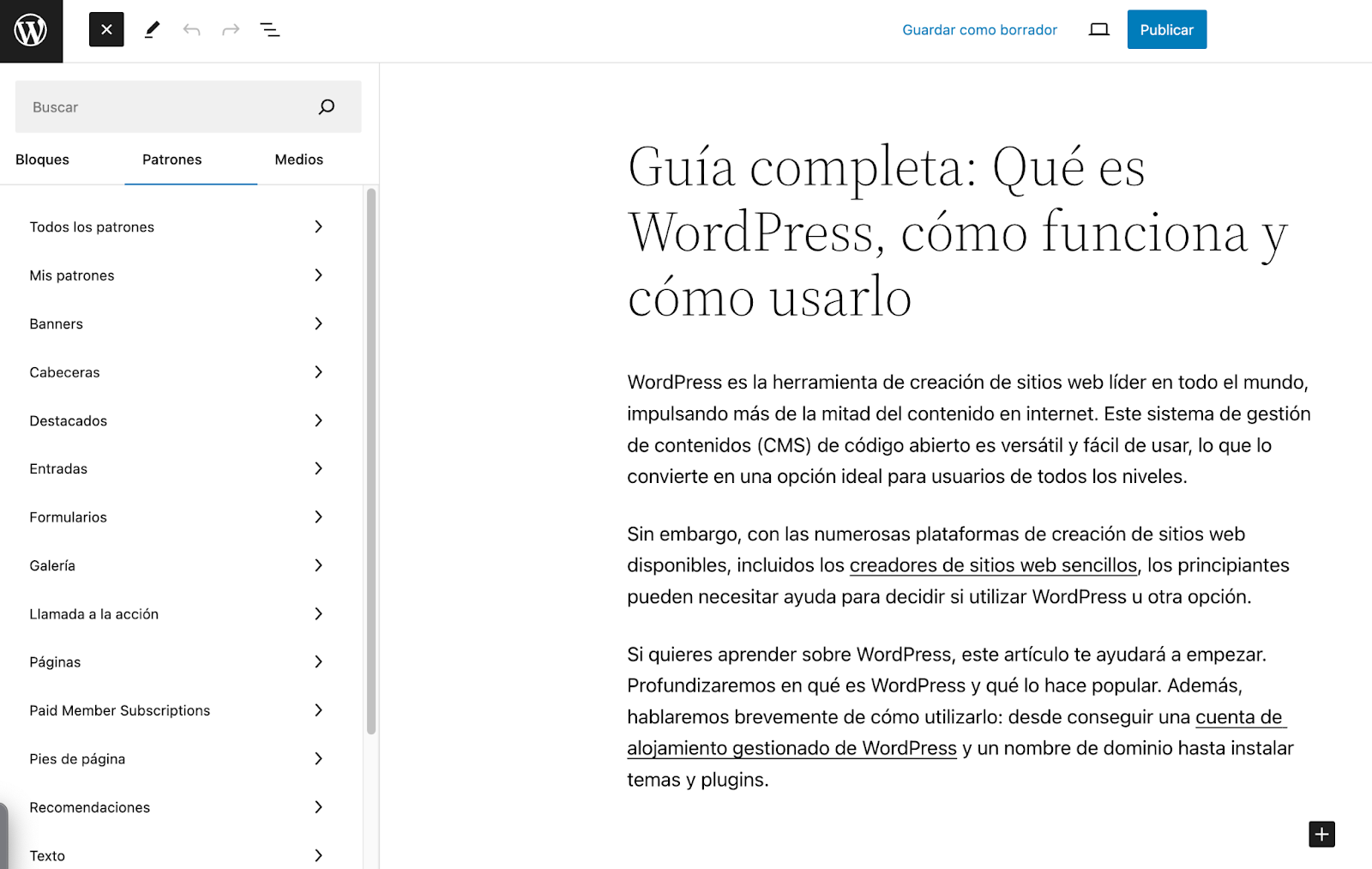 La colección de Patroness de WordPress en el editor Gutenberg